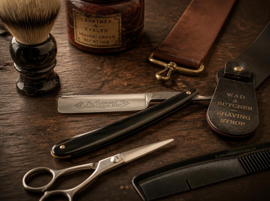 Vintage barber tools: straight razor, scissors, comb, and leather strop